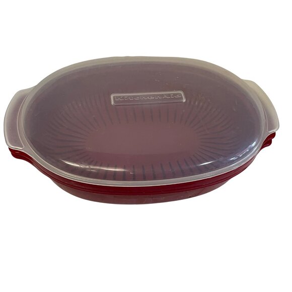 KitchenAid Red Plastic Oval Colander Dish With Lid 13" - Picture 1 of 11